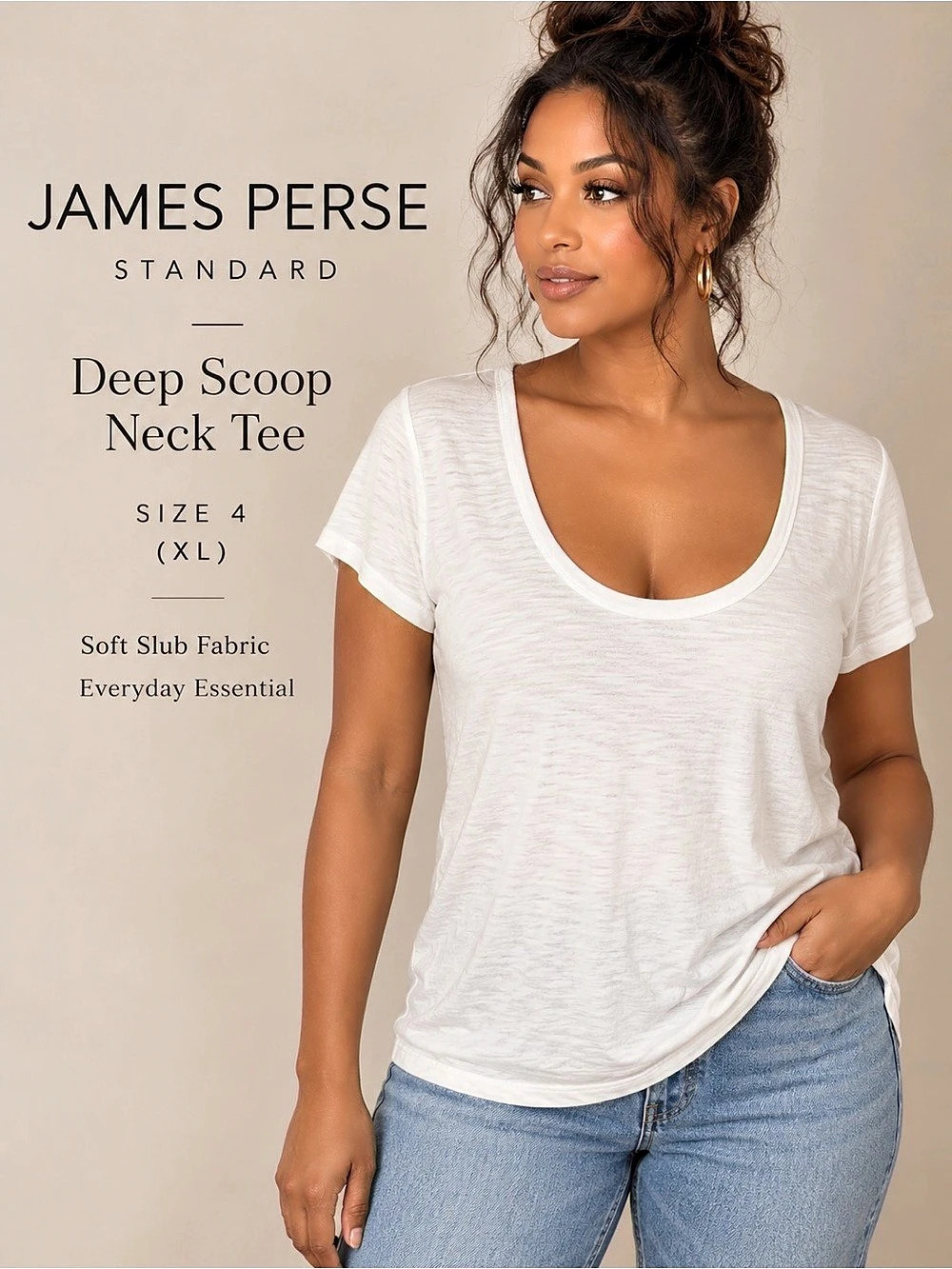 James Perse Standard Deep Scoop Neck Slub Tee White Size 4 XL NWT